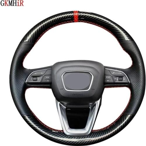 DIY Black Carbon Fiber Genuine Leather Soft Car Steering Wheel Cover For Audi A4 Allroad 2017-2018 / Q3 2019 / Q5 2018-2019