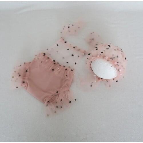 Newborn Baby Lace Clothes Dots Ruffer Bonnet and Romper Full Set Photography Props Baby Soft Pearl Hat Photo Props