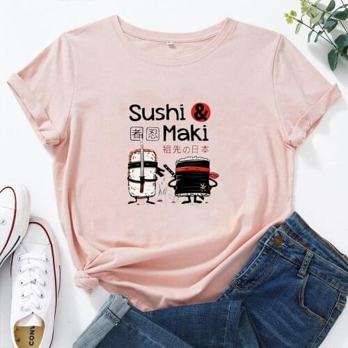 Japan Comics Ninja Sushi Print T Shirt Women Summer Tops O-Neck Fashion Tee Clothes Cotton Casual Short-sleeved Women T-shirt