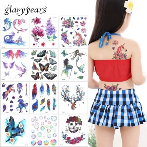 Glaryyears 3 Pieces/set Glitter 3D Colorful Temporary Tattoo Sticker FG Butterfly Mermaid Pattern for Beauty Body Makeup Tattoos