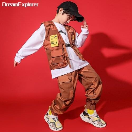 Boys Hip Hop Girls Camouflage Vest Cargo Pant Outfits Children Military Jogger Street Dance Kids Streetwear Costume Sports Suits