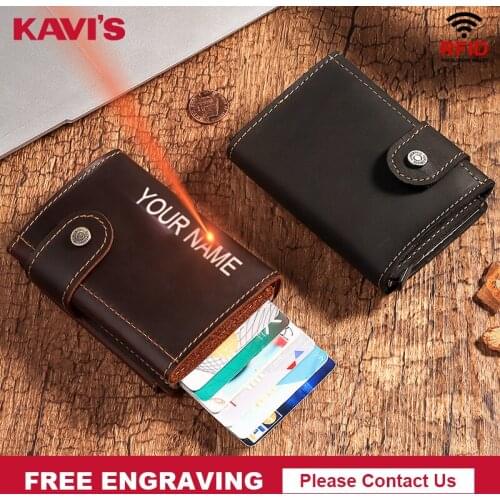 KAVIS Free Engraving Credit Card Holder Wallet RFID Men Vintage Business ID Card Case Crazy Horse Leather Male Coin Pocket Walet