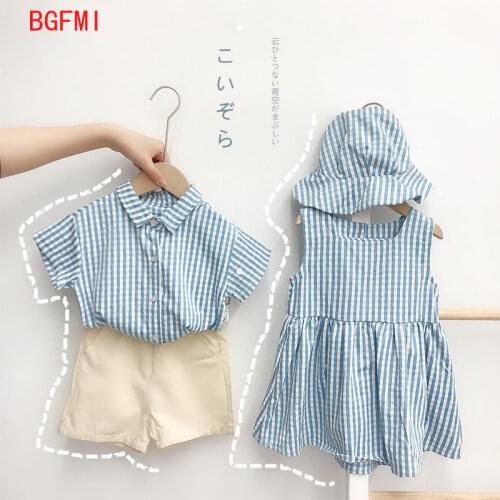Brother and Sister outfit 2021 new Kid Children Plaid Summer Clothes Baby Boy short sleeve shirt + Shorts suit Baby Girl Dress