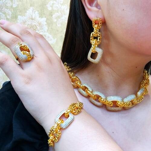 Soramoore Luxury 4PCS Gold Chain Necklace Bracelet Earrings Ring Jewelry For Women Wedding African Nigerian Party Jewelry Set