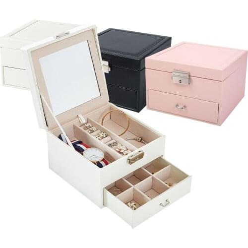 Double-layer PU Multi-function Jewelry Box Earrings Ring Bracelet Watch Necklace Storage Box Display Organizer Case With Mirror