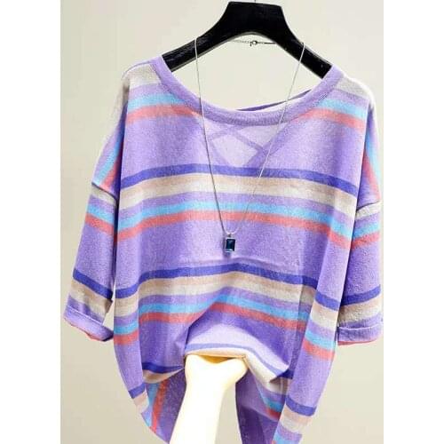 Fashion O collar Halter cross sweater bottoming shirt womens Loose stripe thin pullover summer Short sleeve