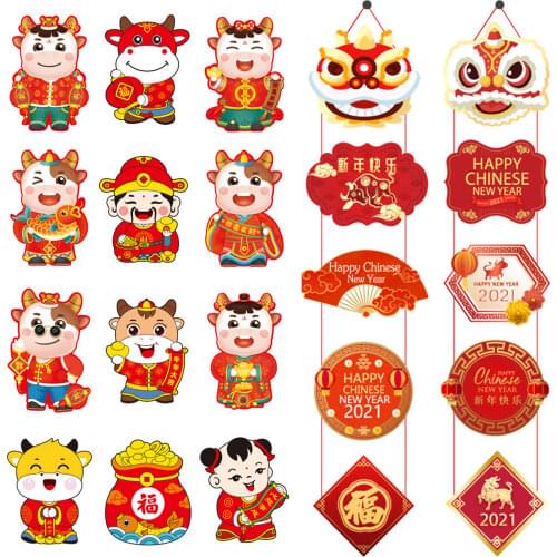 Behogar 2021 Chinese New Year Door Sign Banner Set 12PCS Red Envelopes Hong Bao Lucky Money Packets for Spring Festival