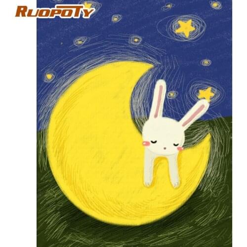 RUOPOTY Frame Diy Painting By Numbers Rabbit Moon Coloring By Numbers Handpainted Acrylic Canvas By Numbers Diy Art Wall Picture