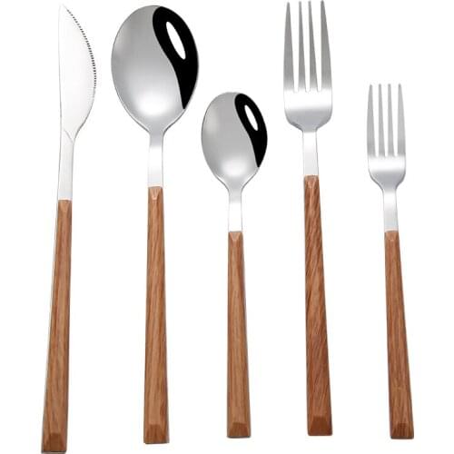 Wooden Handle Cutlery Set Black Gold Fork Spoon Knife Set Stainless Steel Dinnerware Travel Tableware Set for Wedding