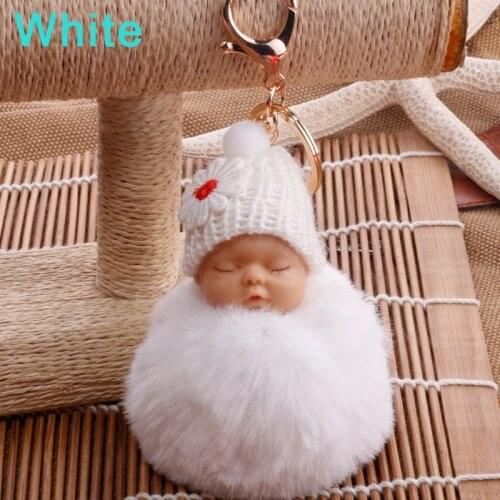 New Sleeping Baby Doll Keychain Pompom Faux Fur Ball Car Key Ring Baby Toy Women Key Holder Bag Pendant Kids Gifts Key Chain