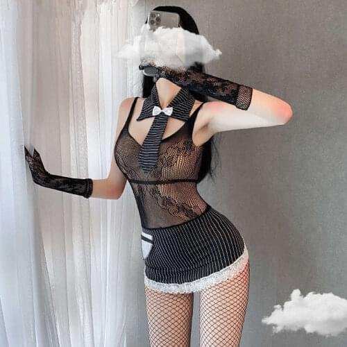 New Sexy Lingerie Suspenders Striped Tie Hollow Lace Fake Apron Bowknot Secretary Uniform Temptation Stockings Suit Hot Passion