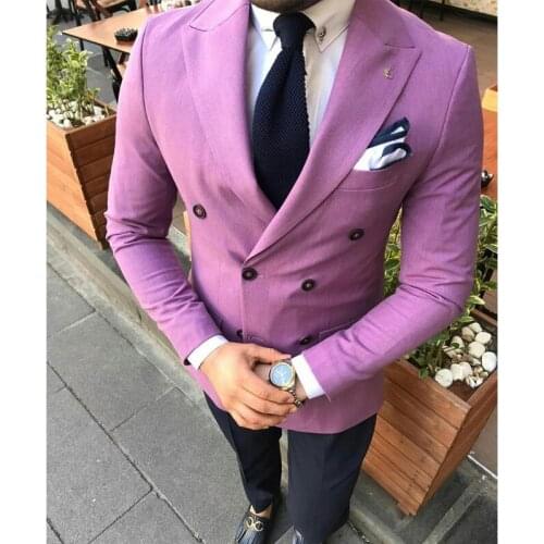 Slim fit Purple Men Suits with Double Breased 2 piece Wedding Tuxedo for Groom Custom Man Fashion Set Jacket with Black Pants