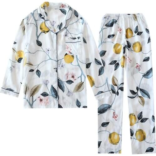 Womens Cotton Viscose Long-sleeved Trousers Pajamas Suit for Spring and Summer Floral Printed Sleepwear Womens Cotton Pajamas