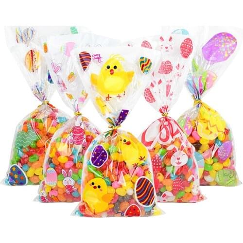 50pcs Easter Decoration Gift Bag Bunny Eggs Chicken Print Cellophane Bags Baking Candy Packaging Bags Happy Easter Party Favors
