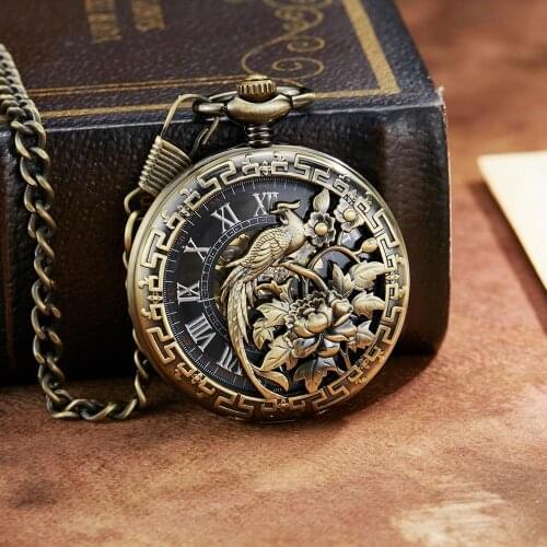 Retro Bronze Dragon Phoenix Flower Exquisite Sculpture Mechanical Pocket Watch Chains Luckly Lover Wedding Gifts Skeleton Watch