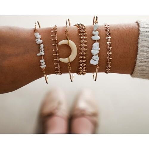 Tocoan 6Pcs/set Bohemian Ethnic Style Stone Moon Pendant Bracelet Gold Fashion Vintage Bracelet Set Women Boho Jewelry 9089