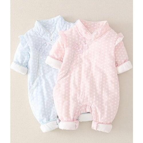 Spring baby jumpsuit with long sleeves, Chinese style baby jumpsuit with cotton button-down for girls