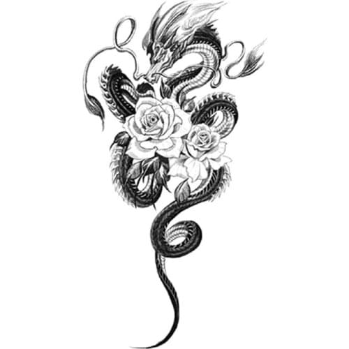 Temporary Tattoo Stickers Japanese Evil Dragon Plain Flowers Rose Fake Tattoos Waterproof Tatoos Arm Large Size for Women Men