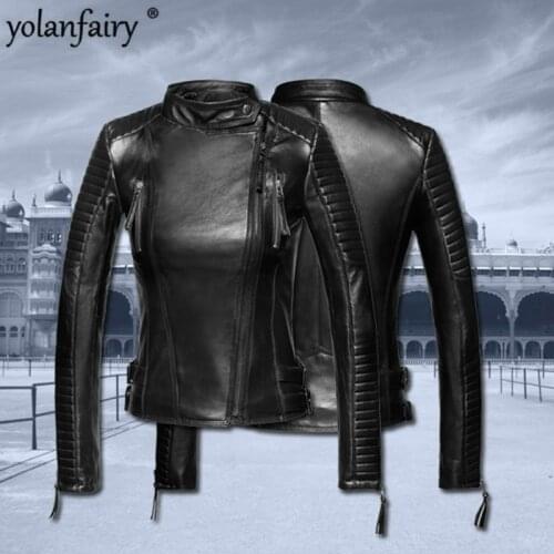 YOLANFAIRY Women Geniune Leather Jacket Sheepskin Leather Short Slim Motocycle Jackets Spring Autumn Jaqueta De Couro 1229 MF151