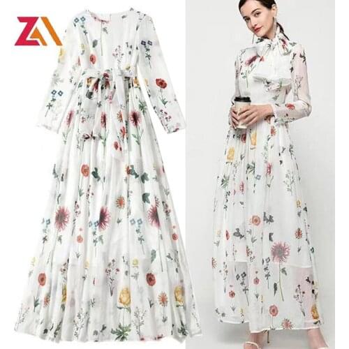 ZALady Womens Summer Elegant Flower Print White Maxi Dress Runway Designer Long Sleeve Vacation Long Dresses Vestdios Robe Chic