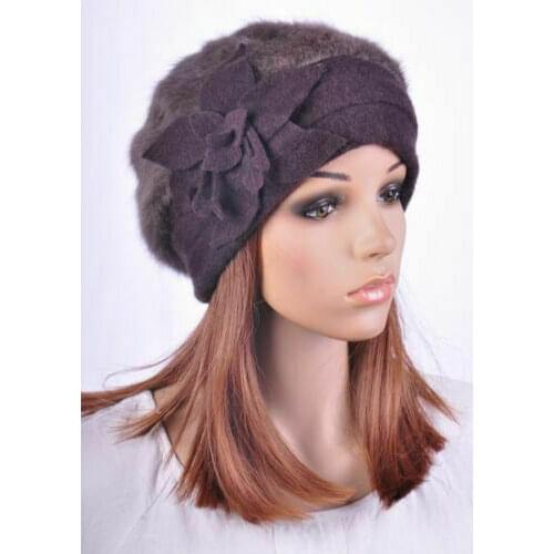 M602 Cute Flower Winter Warm Rabbit Fur & Wool Fashion Womens Dress Hat Beanie Cap Coffee Brown