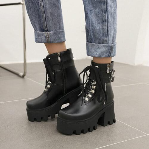 Lace Up Women Black Ankle Boots High Heels 2021 Spring Autumn Platform Shoes Female Short Boots Side Zipper High Quality