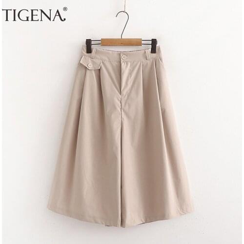 TIGENA 2021 Summer Cotton Capris Pants Women Korean Casual Solid Wide Leg High Waist Pants Female Calf-length Trousers Women
