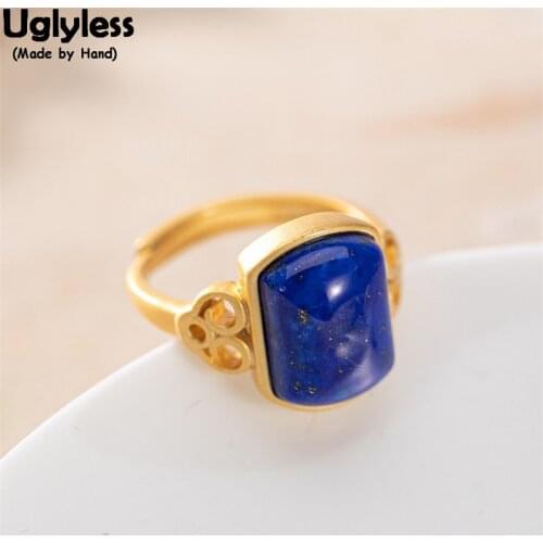 Uglyless Noble Natural Blue Lapis Rings for Women Simple Fashion Agate Gemstones Open Rings 925 Silver Hollow Vintage Jewelry