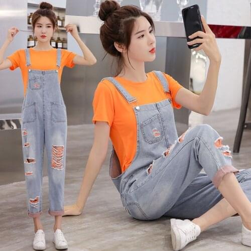 Women clothing denim washed fabric rompers summer/autumn HOLE overalls women jumpsuit suspenders jeans european women overalls