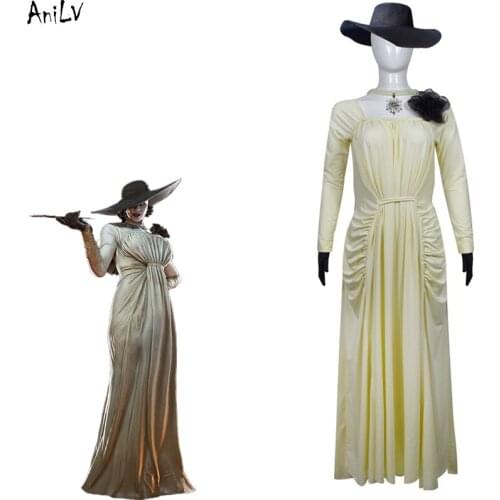 AniLV Halloween Lady Alcina Dimitrescu Cosplay Costume Chatelain Alcina Dress Hat Gloves Necklace Uniform Set