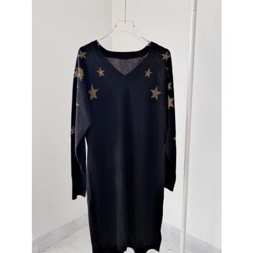 Women V-Neck 100% Wool Stars Jacquard Knitted Dress 2021 Autumn Winter Ladies V-Neck Long Sleeve Knit Knee-Length Dresses Robe