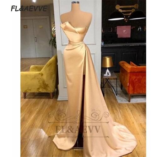 2021 Gold Evening Dress Long Sleeveless Split Side Lace Up Back Floor Length Evening Prom Party Gowns