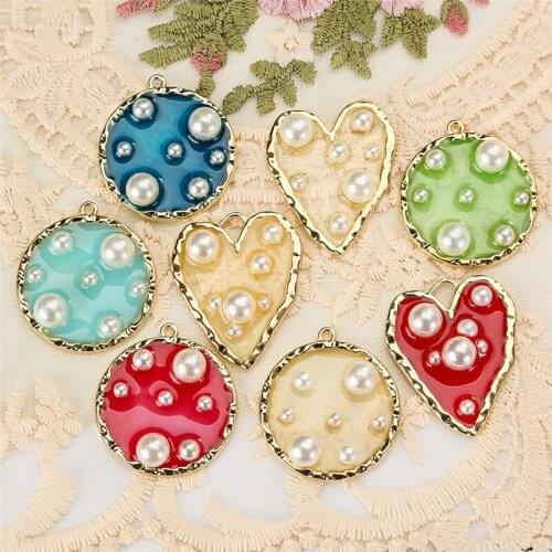 10pcs/lot Colorful Heart Shape Enamel Charms Round With White Pearl Oil Drop Pendant For Jewelry Making Accessories