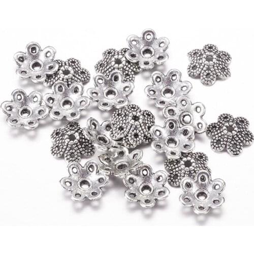 100Pcs Tibetan Style Bead Caps Antique Silver Color 6-Petal Flower Bead End Caps For Needlework Jewelry Making Accessories