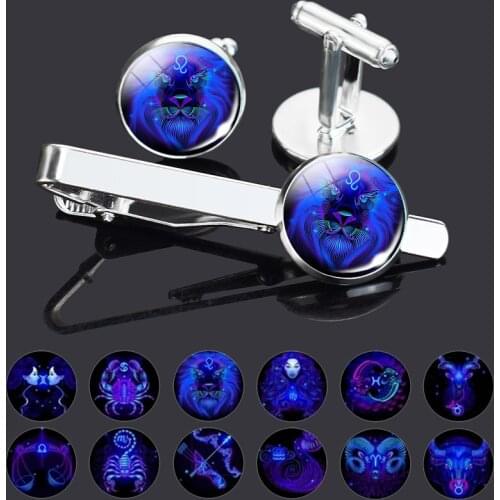12 Constellation Men Tie Clips Cufflinks Set Zodiac Glass Jewelry Gentleman Necktie Clip With Package Husband Birthday Gifts