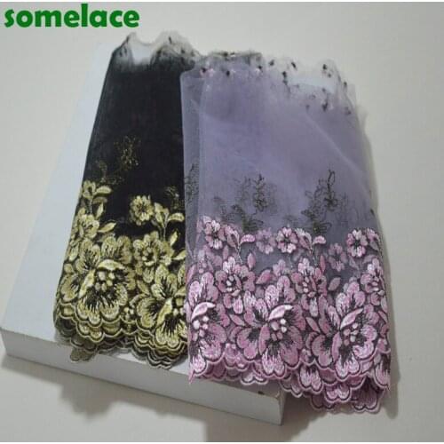 2Y/lot 18Cm Black~Purple Gauze Fluorescent Gold~Pink Floral Embroidery Lace Trim with Design for Wedding Bridal and Garment