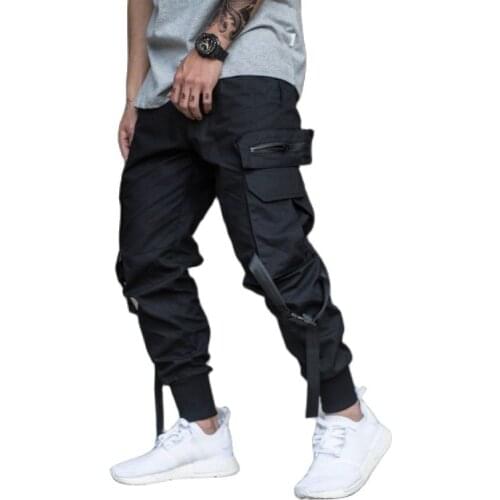 Men camouflage black multi pockets ribbons patchwork harem pants punk hip hop cargo pants men harajuku streetwear korean joggers