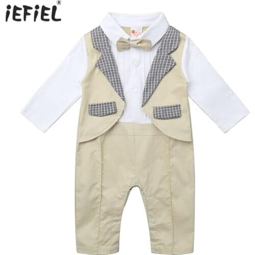 Infant Baby Boys Romper Shirt Collar Long Sleeves Strips Print Press Button Fake Suit Gentlemen Boy Romper Jumpsuit with Tie