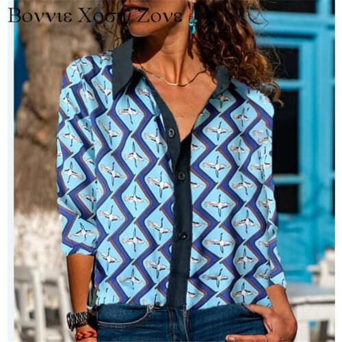 Women Turn-down Collar Plaid All Over Print Long Sleeve Loose Button-up Blouse