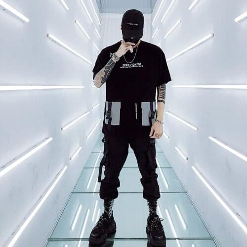 Techwear 3M Reflective Buckle Multi-Pockets Ribbon TShirts Men Hip Hop Streetwear Tops Tees Harajuku Short Sleeve Patch T-Shirts