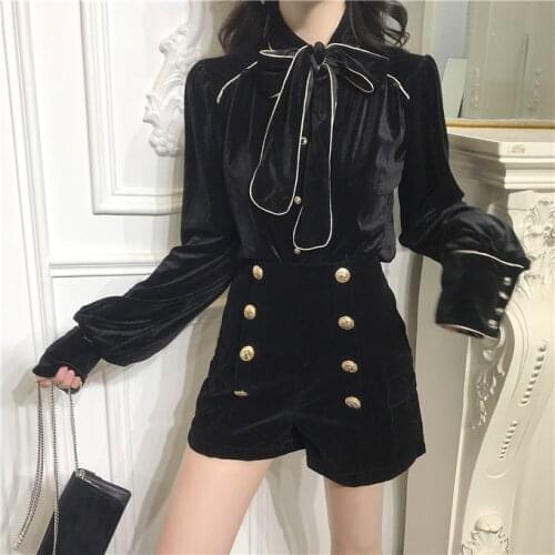 Bowtie Collar Long Sleeve Velour Shirts+Double-breasted Shorts Women 2 Pieces Set Autumn Outfits Ladies Tracksuit 2019 Brand New