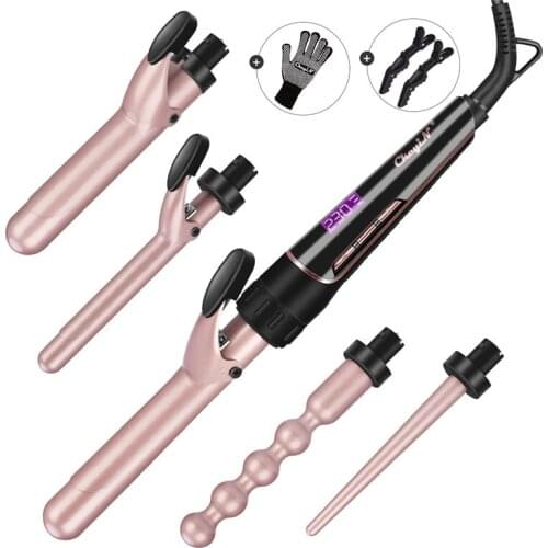 100-240V 5 Parts Ceramic Magic Curling Iron Salon Interchangeable Barrels Hair Curler Set Deep Wave With Heat Resistant Glove