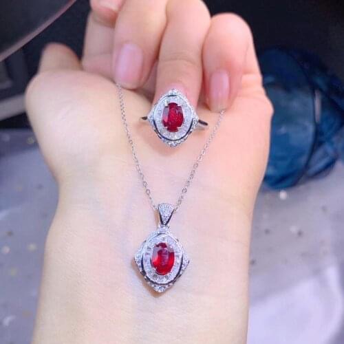 New style red gemstone ring and necklace jewelry set with 925 silver