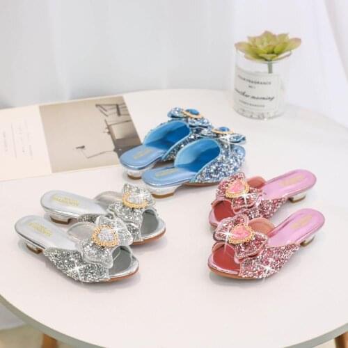 Summer kids slippers for girls patent leather bling heart-shaped butterfly glitter children sandals slingbacks slides low-heeled