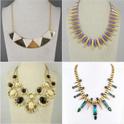 Fashion Jewelry Necklace Pendent White Enamel Triangle Metal Strip Half Moon Blue Golden Rivets String Black Oval Loops