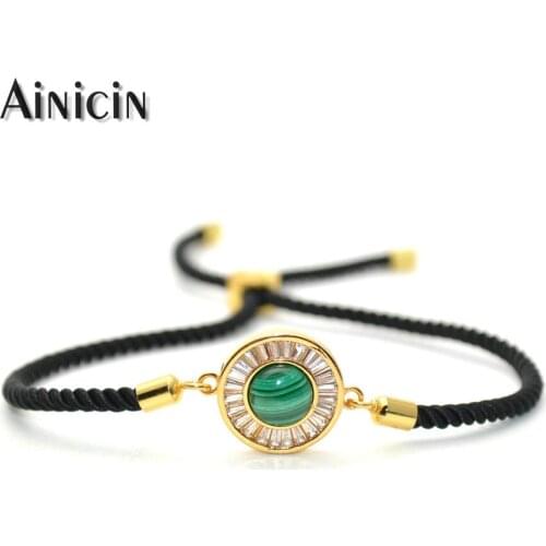 Natural Green Malachite Setting Gold Round Charms Sliding Rope Chain Bracelets Fashion Women Gift Jewelry 1pc