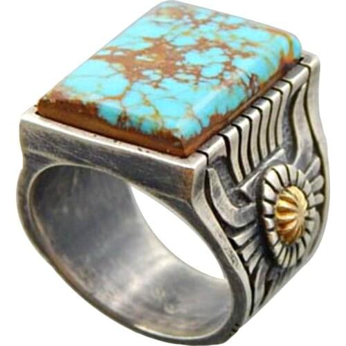 Nepal Retro Simulated Turquoise Inlaid Ring Tibetan Silver Women Open Rings Banquet Jewelry Gift