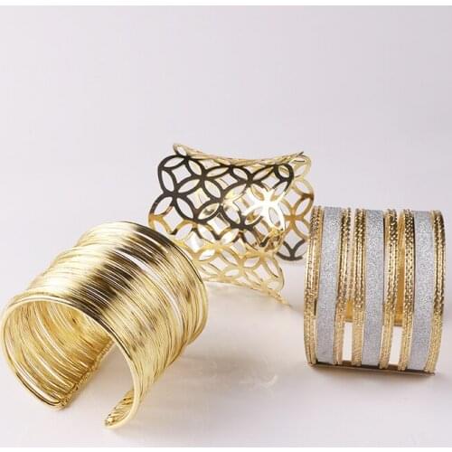 Hollow Wide Cuff Bracelets & Bangles For Women Men Gold Color Alloy Open Multi Layer Wide Bracelets Fashion Jewelry