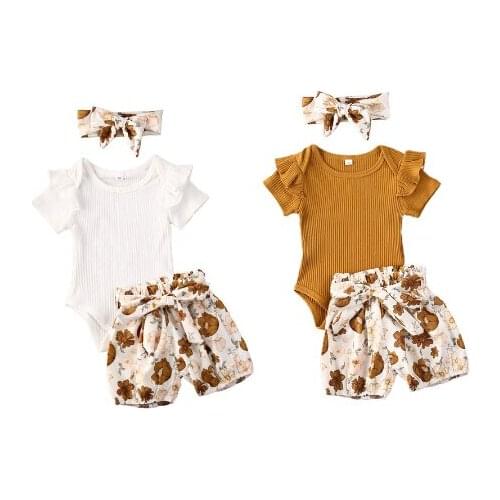 Lovely Infant Baby Girls Clothes Sets 3pcs Ruffles Short Sleeve Romper Tops+Floral Shorts+Headband 0-24M