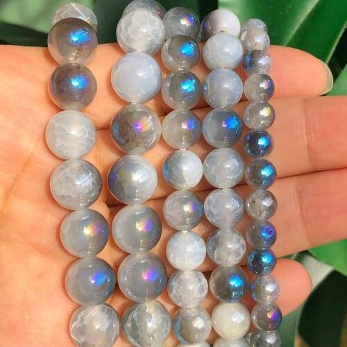 Natural Blue Electroplate Grey White Cracked Dragon Fire Agates Stone Round Loose Spacer Beads for Jewelry Making DIY Bracelets